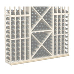 Wine bottle rack with white frame and diamond pattern back panel; 72-inch base
