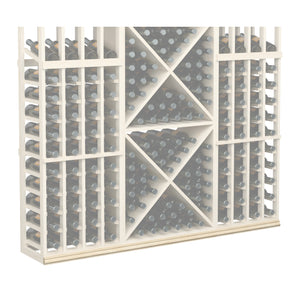 Wine bottle rack with white frame and diamond pattern back panel; 72-inch base