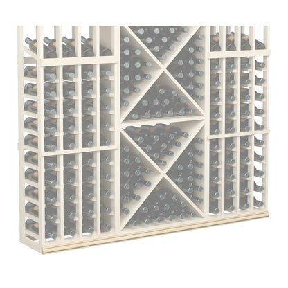 Wine bottle rack with white frame and diamond pattern back panel; 72-inch base