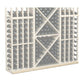 Wine bottle rack with white frame and gray back; diagonal grid with bottle openings