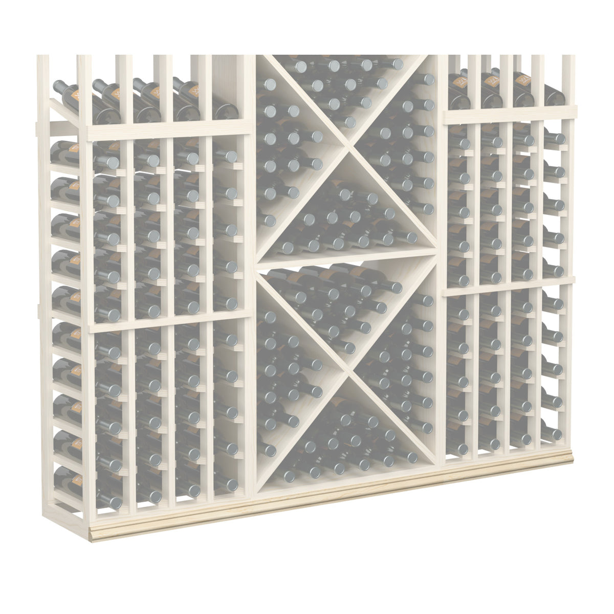Wine bottle rack with white frame and gray back; diagonal grid with bottle openings