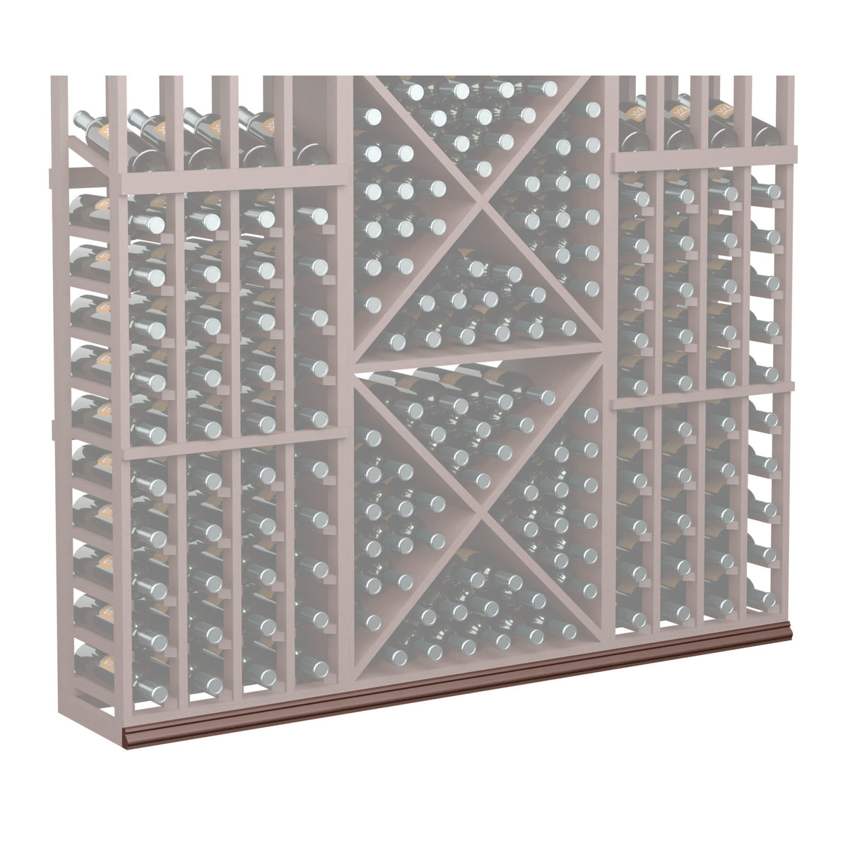 Wine bottle rack with dark wood frame and gray back; diamond grid, 72-inch base