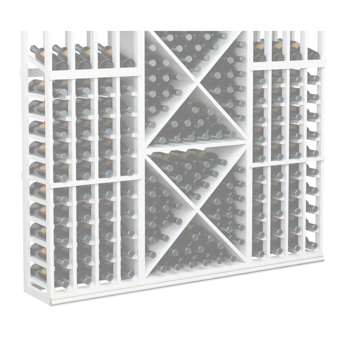 Wine bottle rack with white frame and open bottle compartments; 72-inch base