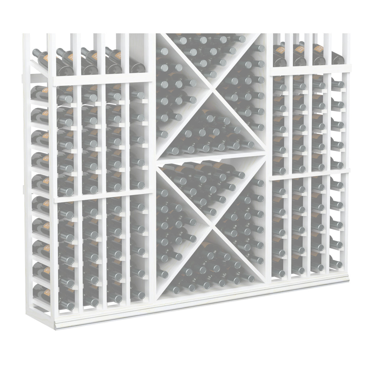 Wine bottle rack with white frame and diamond grid back; 72-inch straight base