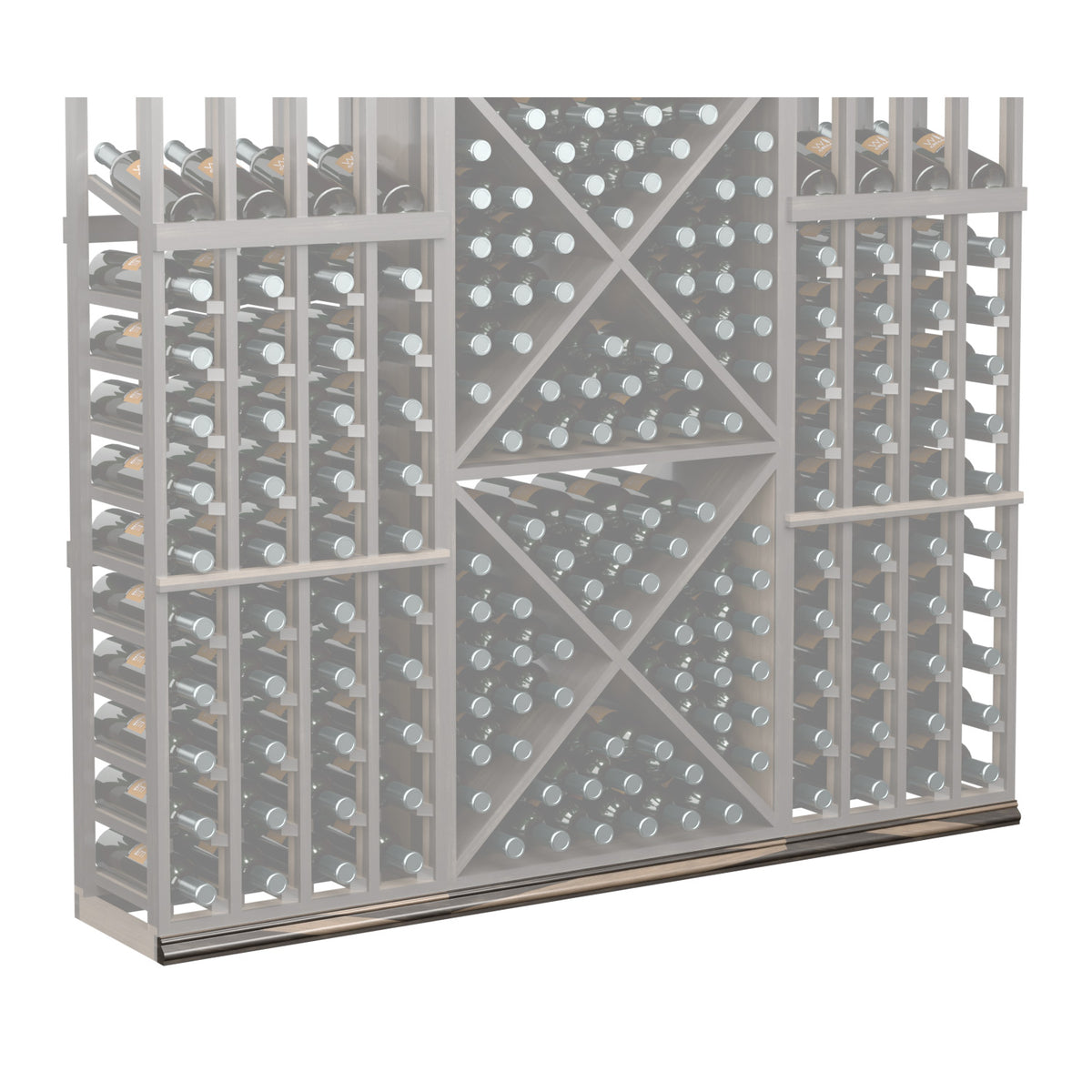 Straight base molding wine rack panel, front view in light gray with diamond lattice and slots