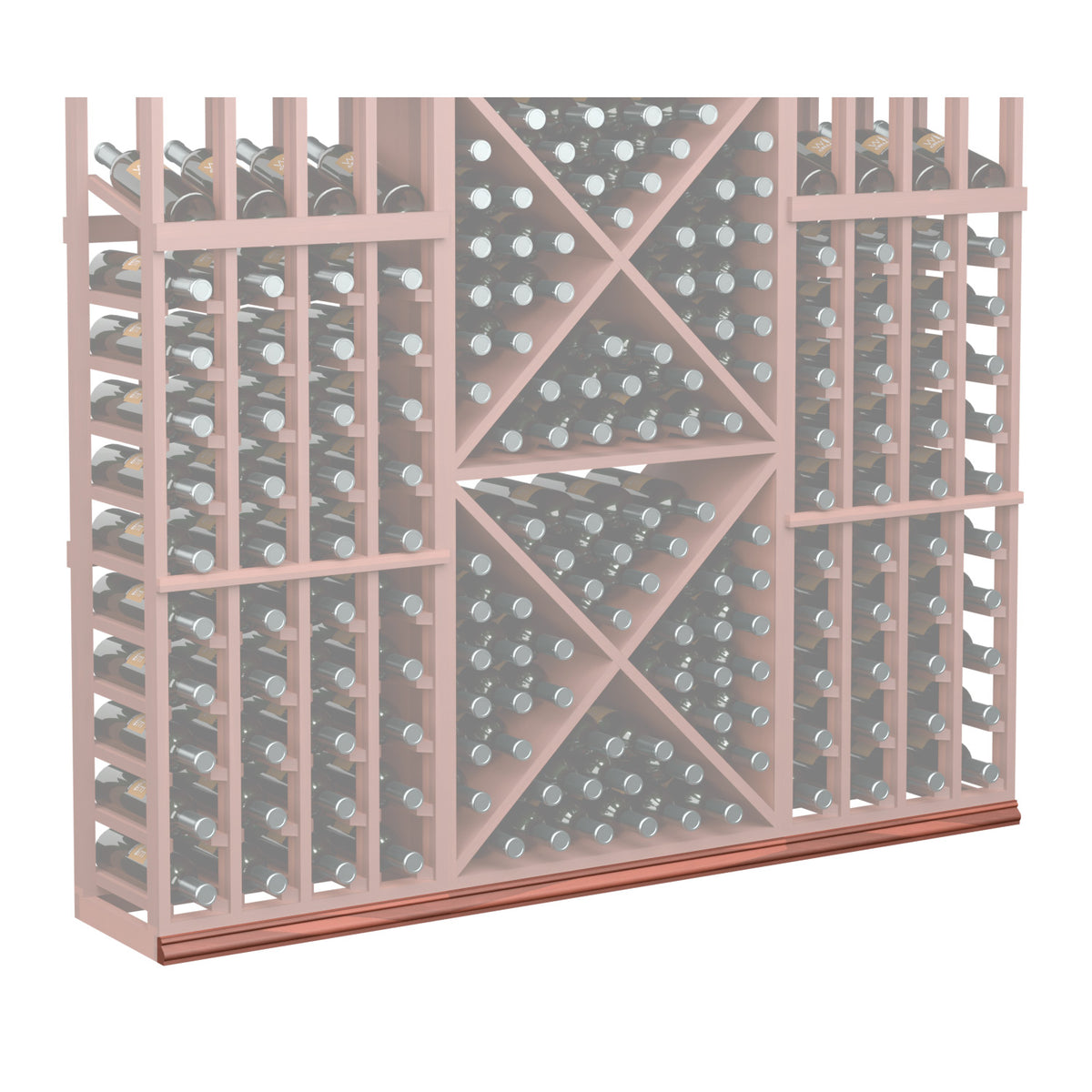 Straight base molding wine rack panel in light wood tone with diamond lattice and bottle slots