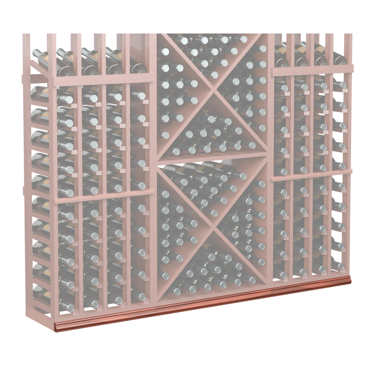 Straight base molding wine rack panel in light wood tone with diamond lattice and bottle slots