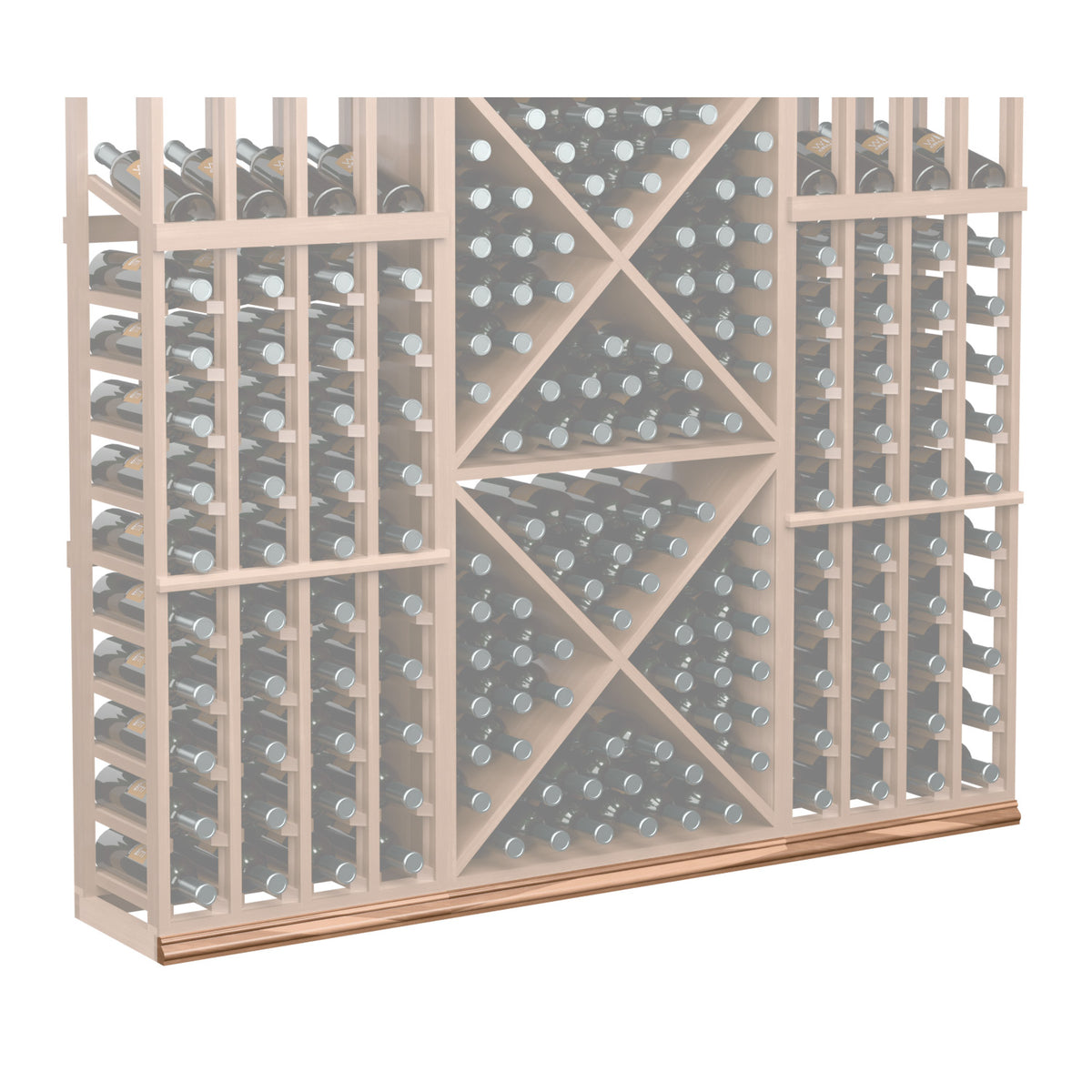 Straight base molding wine rack panel in pale wood tone with diamond lattice and bottle slots