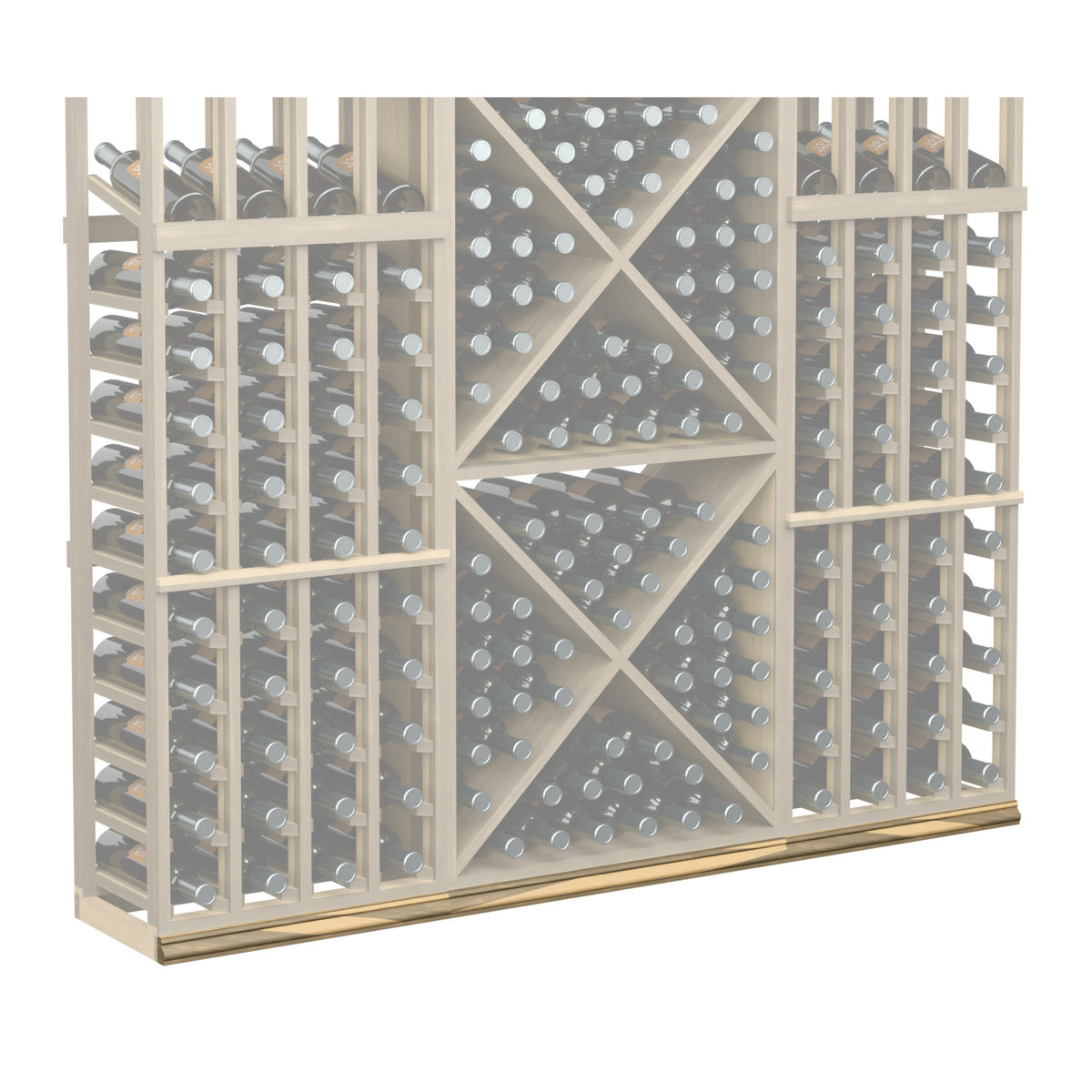 Straight base molding wine rack panel in pale wood tone with diamond lattice and bottle slots