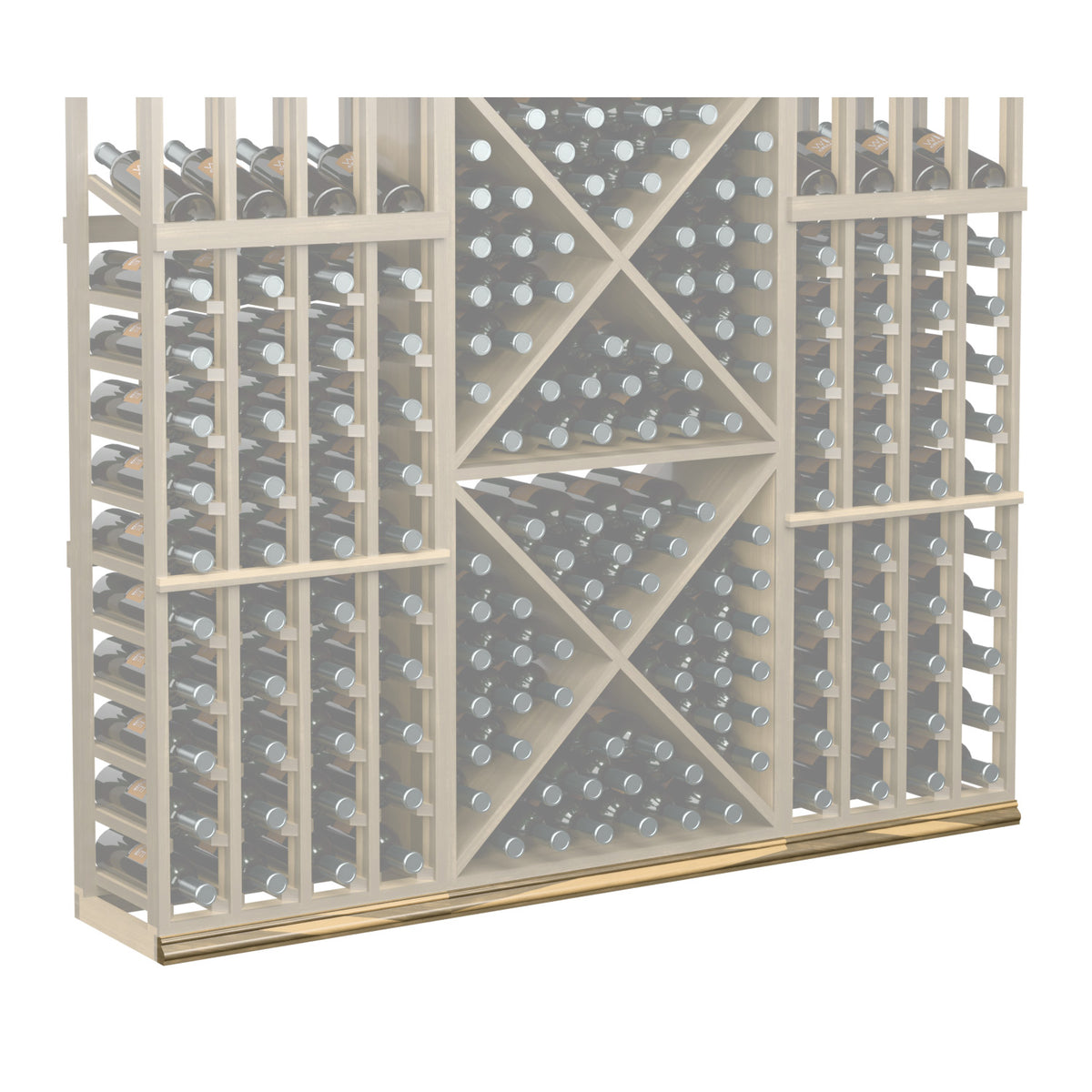 Straight base molding wine rack panel in pale wood tone with diamond lattice and bottle slots