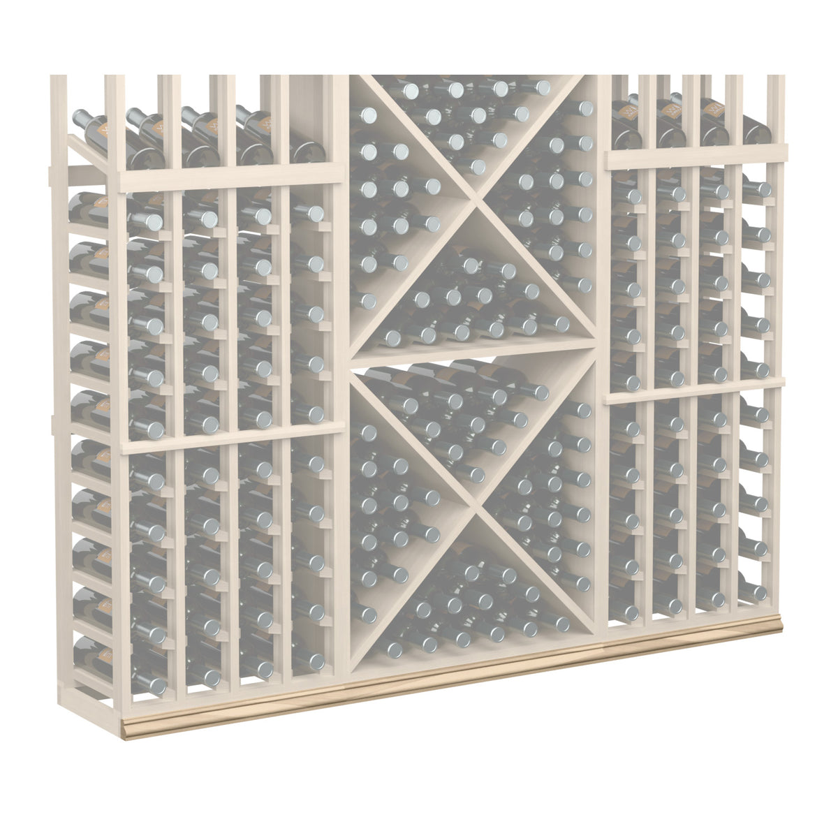Straight base molding, light wood wine rack with gray back panel and diamond bottle holders