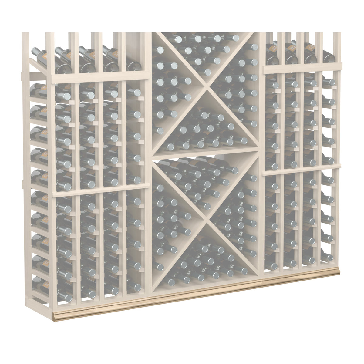 Straight base molding, light wood wine rack with gray back panel and diamond bottle holders