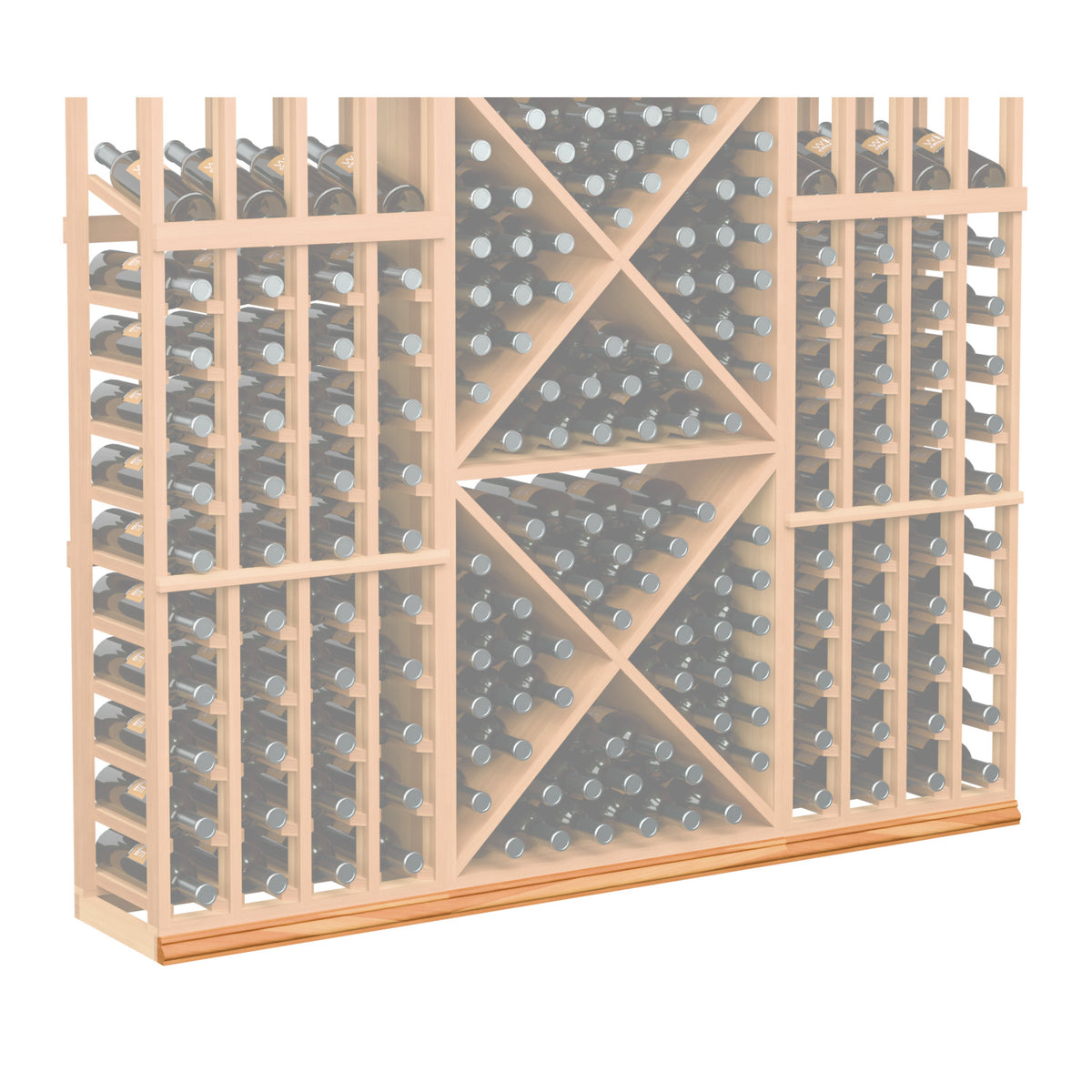 Straight base molding, natural wood wine rack with light back panel and diamond bottle holders