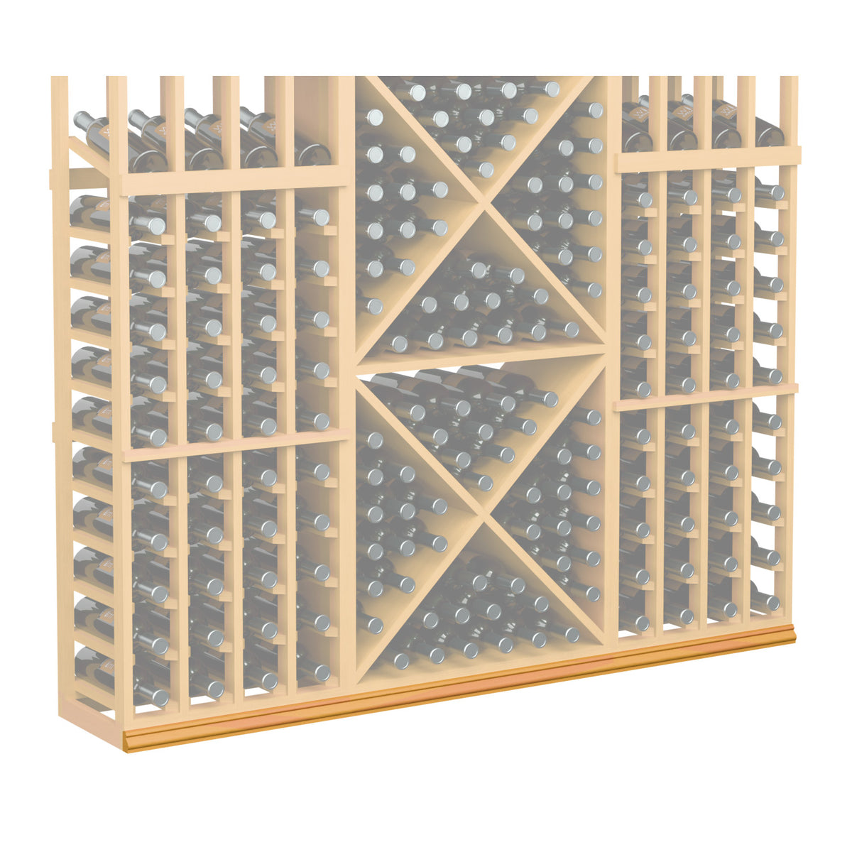 Straight base molding, natural wood wine rack with light back panel and diamond bottle holders