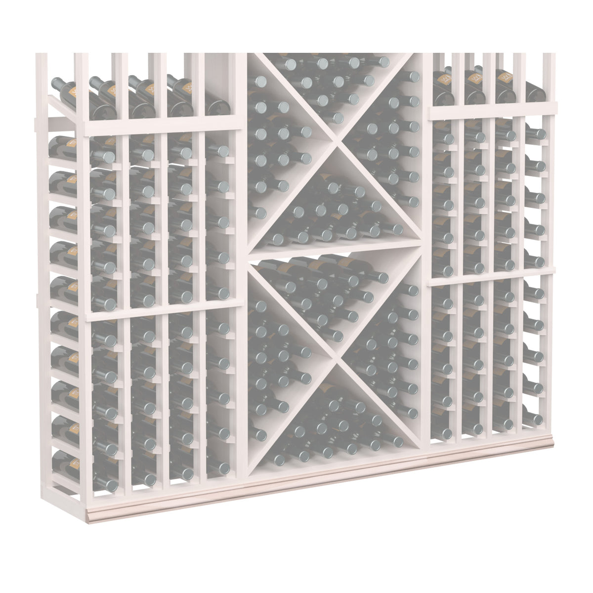 Straight base molding, gray-toned wine rack with gray back panel and diamond bottle holders