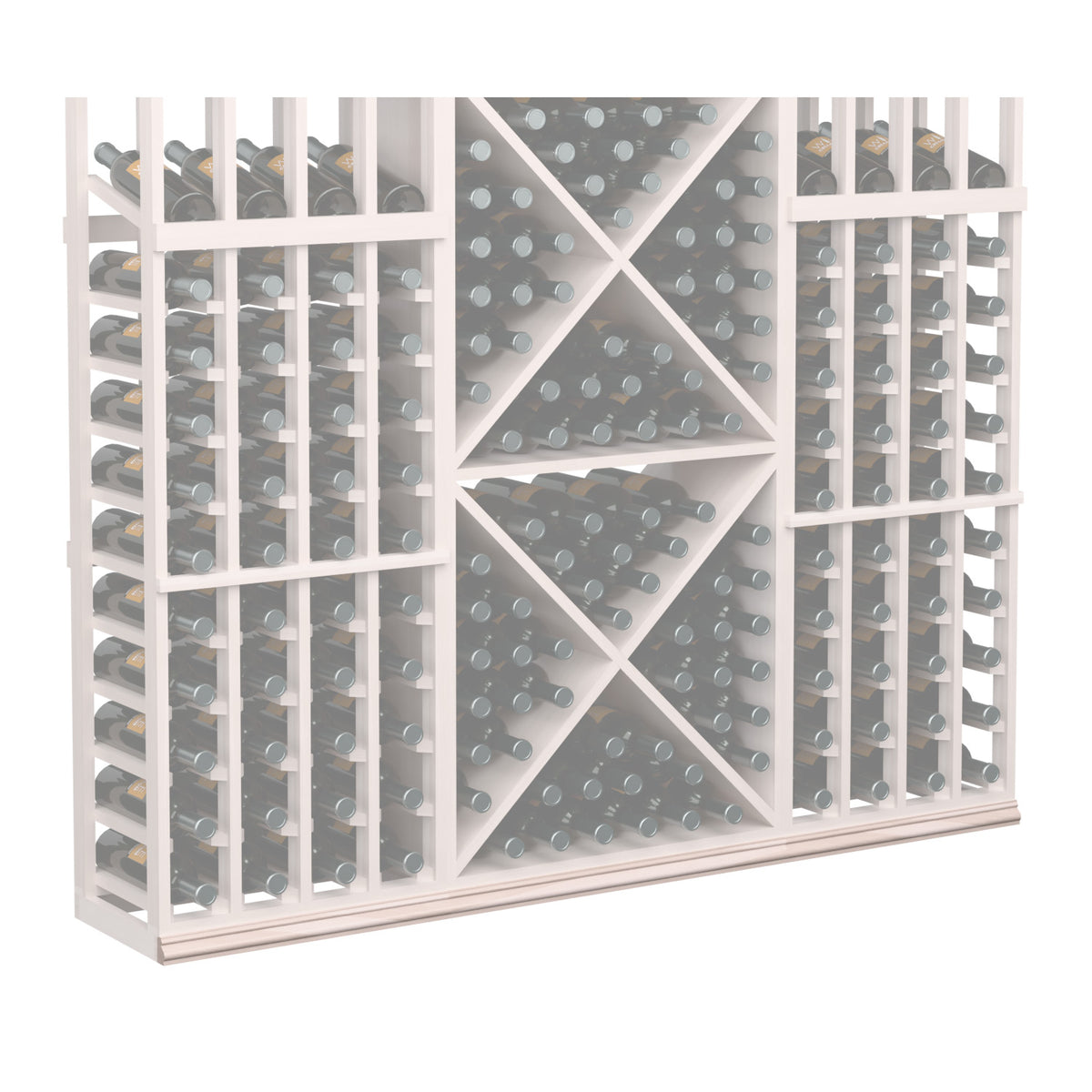 Straight base molding, gray-toned wine rack with gray back panel and diamond bottle holders