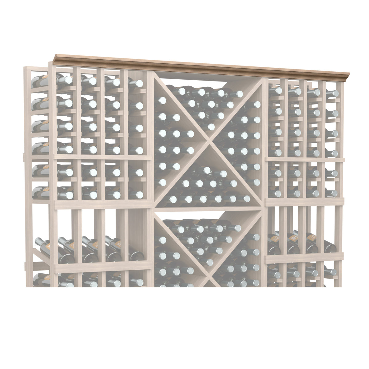 Straight crown molding with light wood lattice panel detail