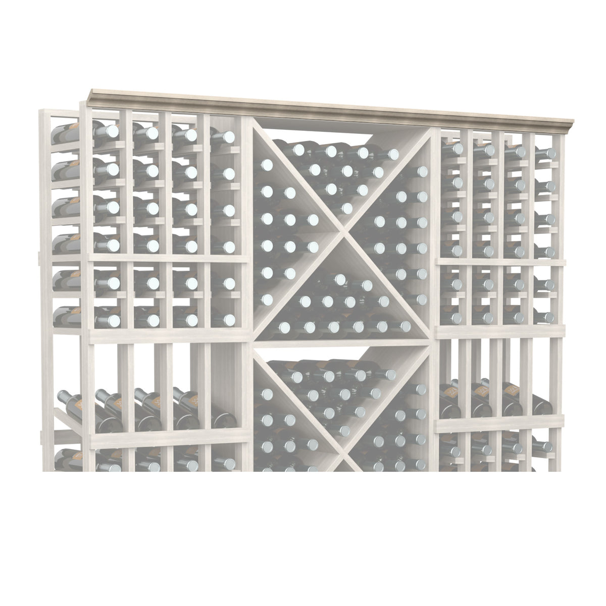 Straight crown molding with decorative grid and round accents, light finish