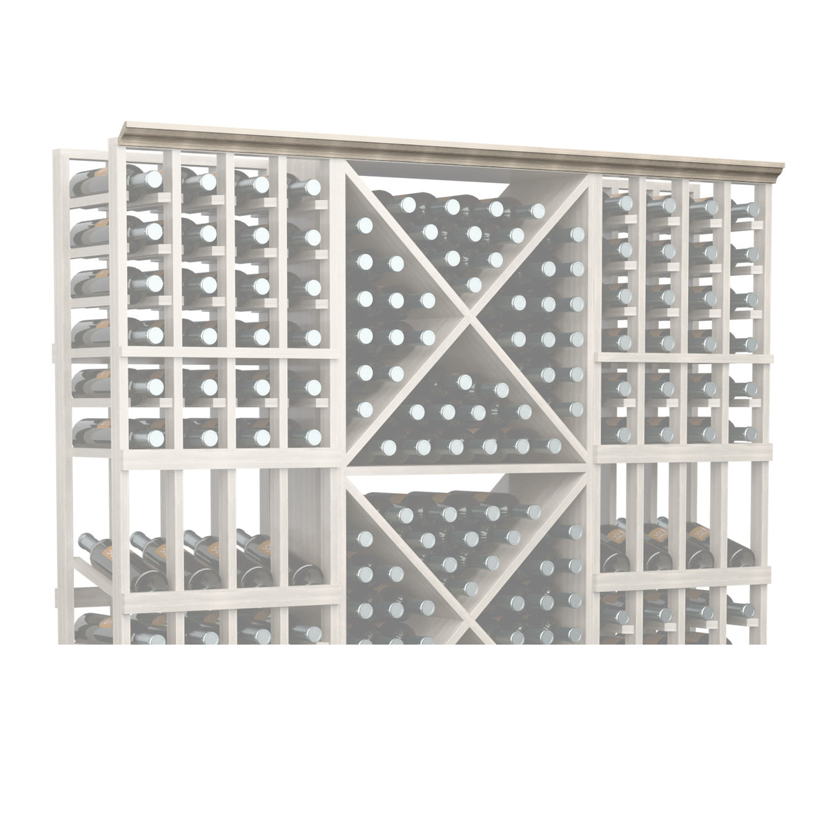 Straight crown molding with decorative lattice grid and round accents, light finish