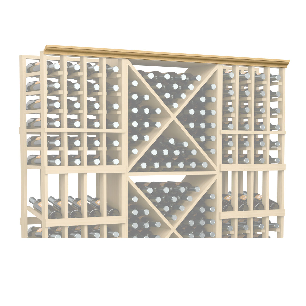 Straight crown molding with decorative grid pattern and round accents, light finish