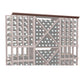 Straight crown molding with decorative grid and round accents, medium brown finish