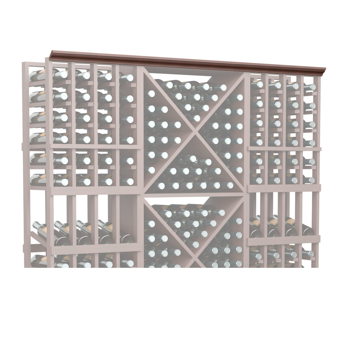 Straight crown molding with decorative grid and round accents, medium brown finish