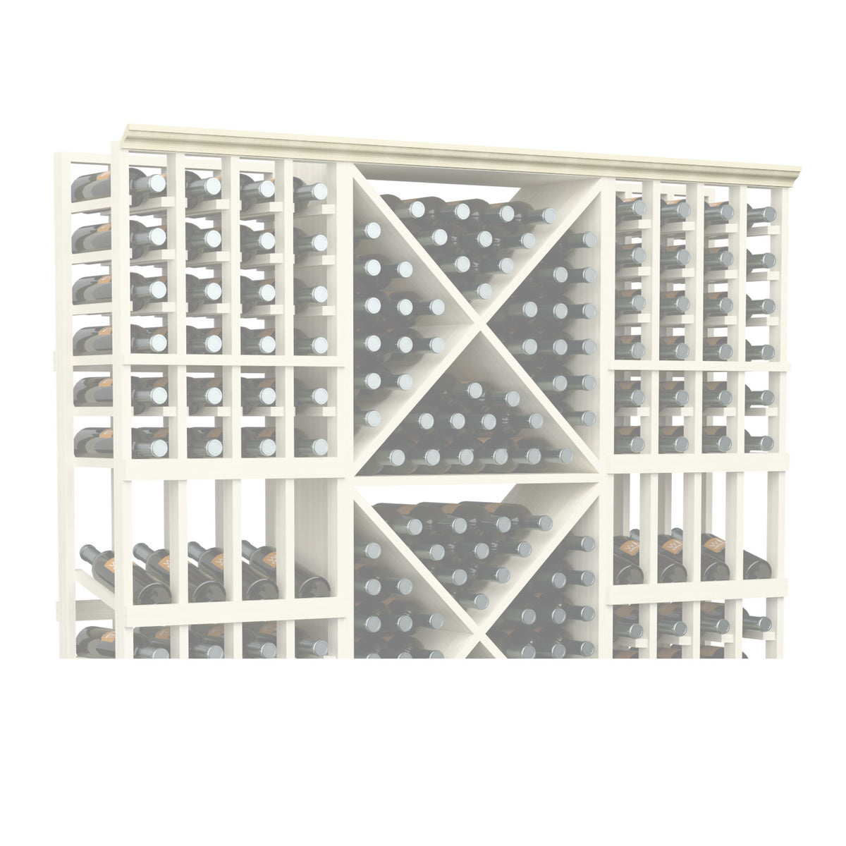 Straight crown molding with decorative grid and round accents, white-painted finish