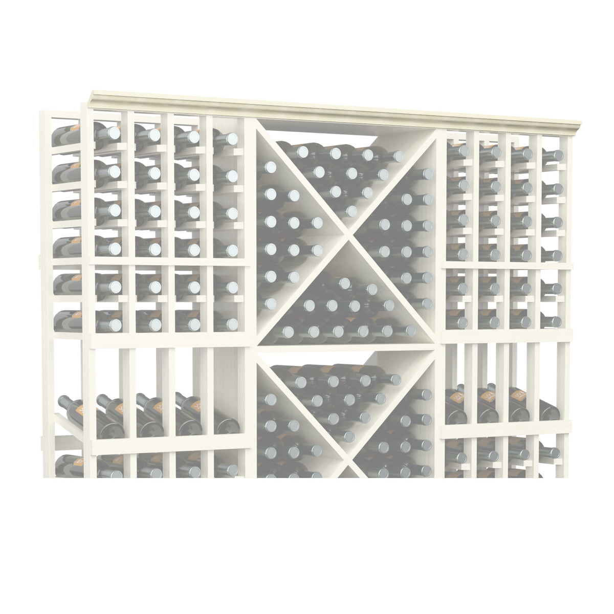 Straight crown molding with decorative lattice grid and round accents, white-painted finish