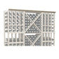 Light wood lattice bottle rack panel with diamond grid and round bottle holders