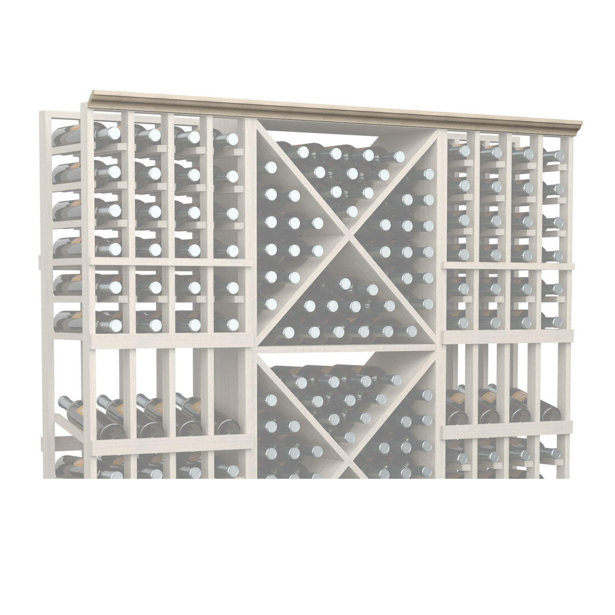 Light wood lattice bottle rack panel with diamond grid and round bottle holders