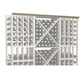 Light wood lattice bottle rack panel with diamond grid and round bottle holders