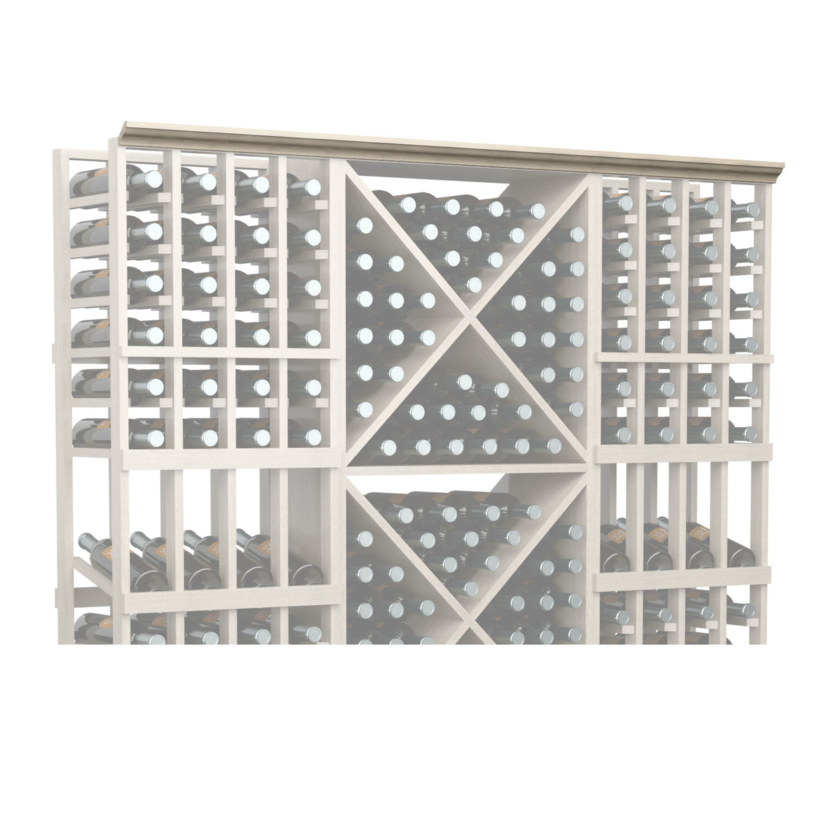 Light wood lattice bottle rack panel with diamond grid and round bottle holders
