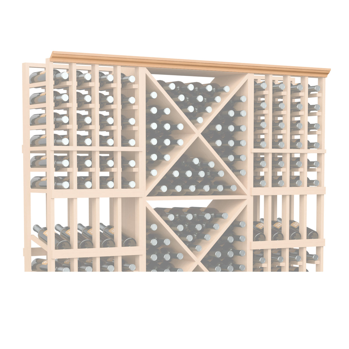 Light wood lattice bottle rack panel with diamond grid and round bottle holders