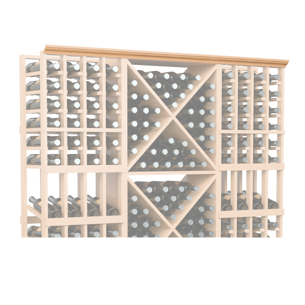 Light wood lattice bottle rack panel with diamond grid and round bottle holders