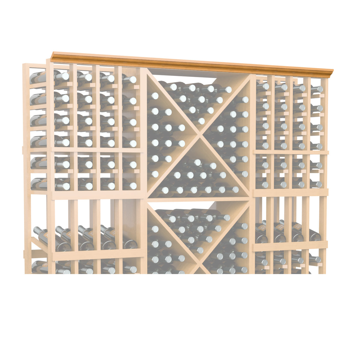 Light wood lattice bottle rack panel with diamond grid and round bottle holders