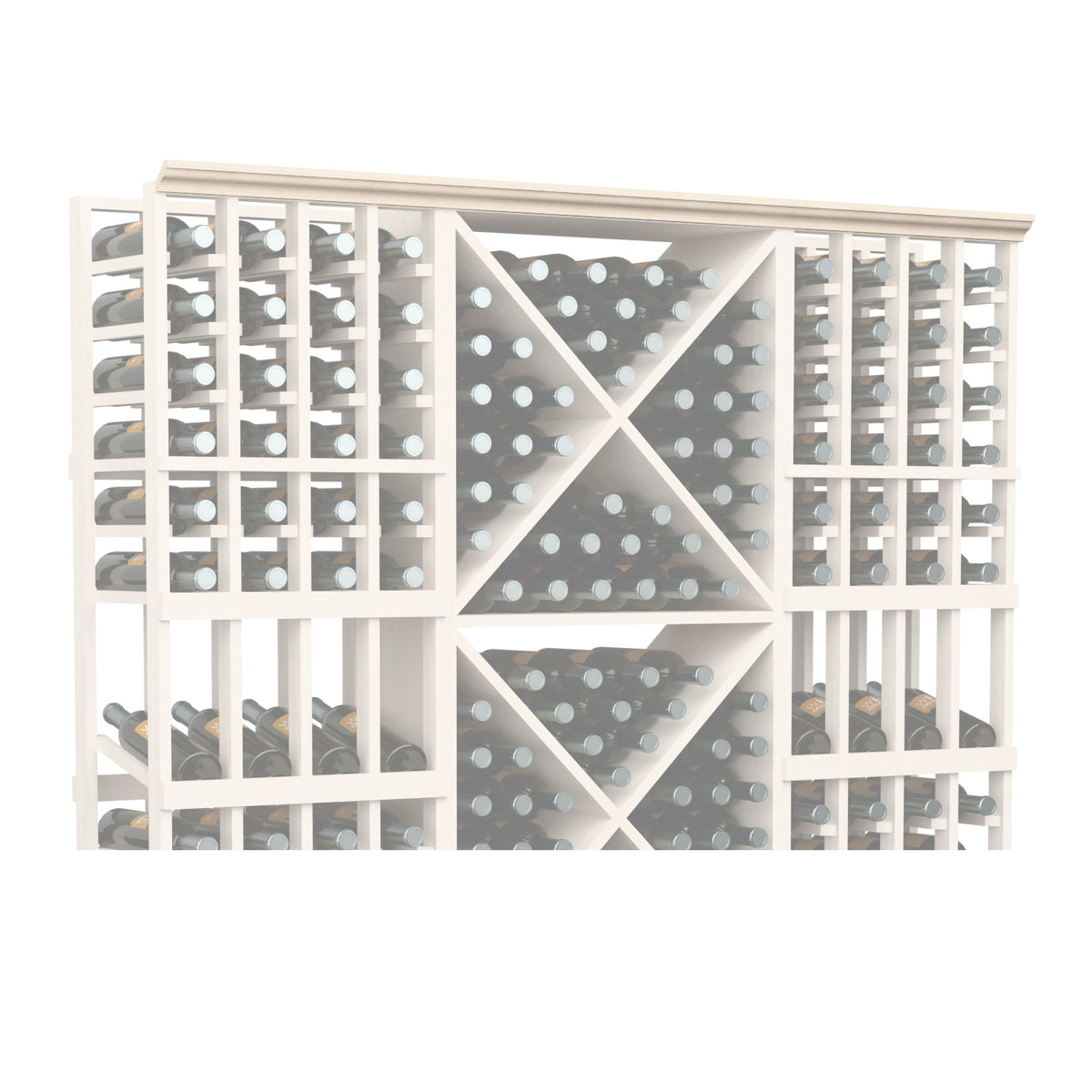 White-toned lattice bottle rack panel with diamond grid and round bottle holders