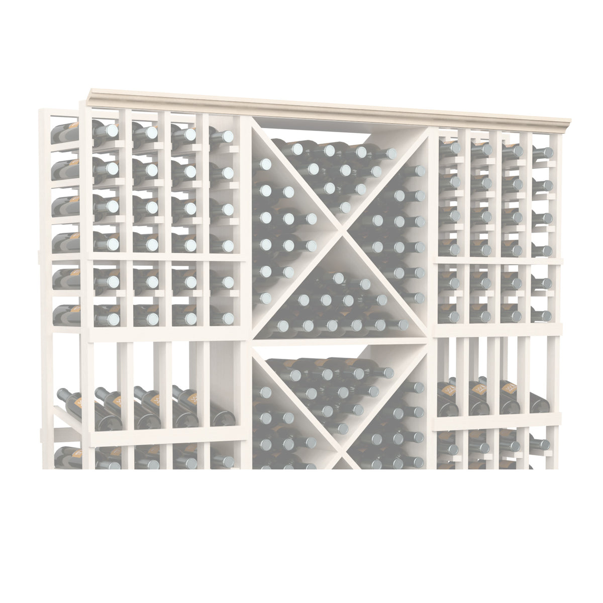 White-toned lattice bottle rack panel with diamond grid and round bottle holders