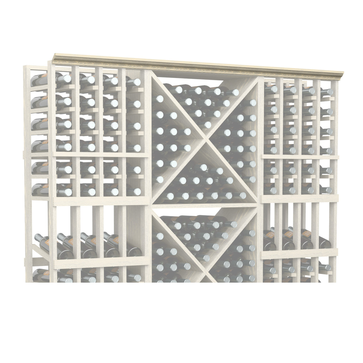 72-inch straight crown molding with perforated lattice panels in light wood