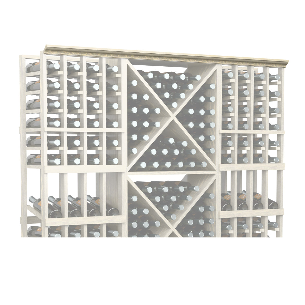 72-inch straight crown molding with perforated lattice panels in light wood