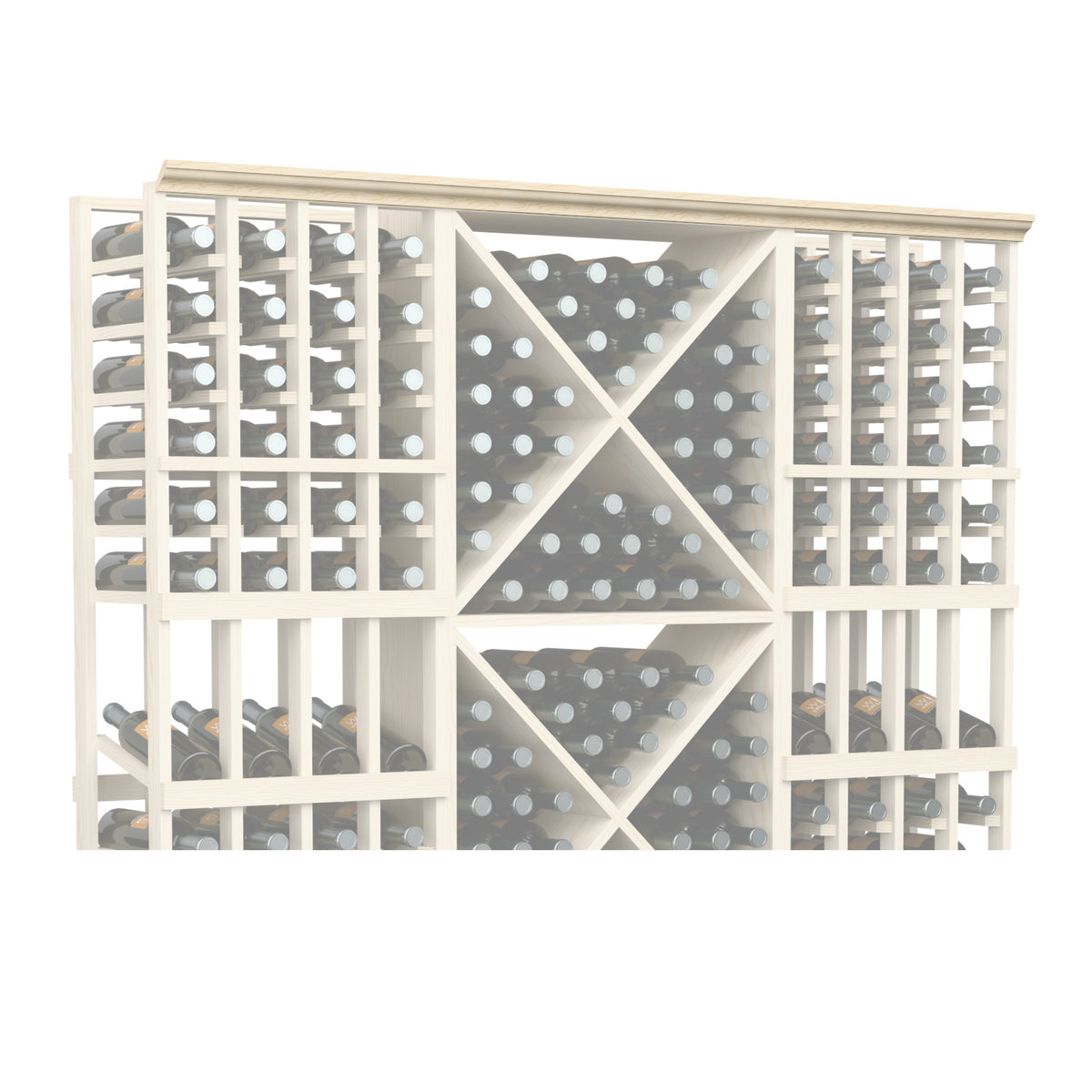 72-inch straight crown molding with perforated lattice panels in light wood