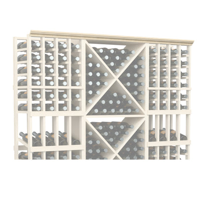 72-inch straight crown molding with perforated lattice panels in light wood