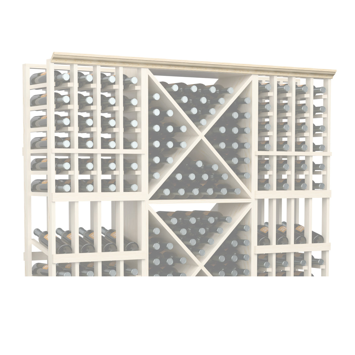 72-inch straight crown molding with perforated lattice panels in light wood