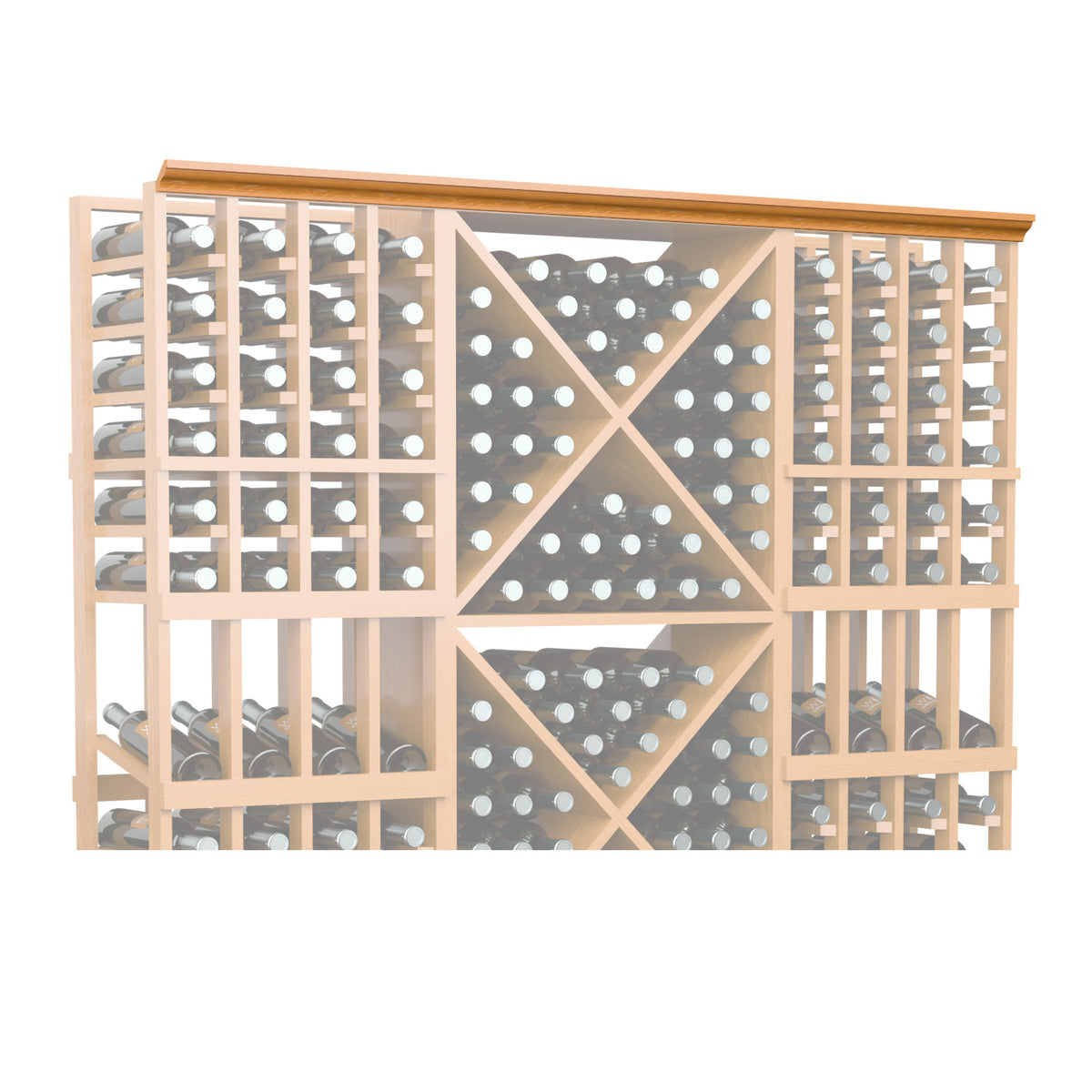 72-inch straight crown molding with perforated lattice panels in warm wood