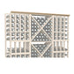 Wood wine bottle display rack with grid dividers and straight top trim, 72 in
