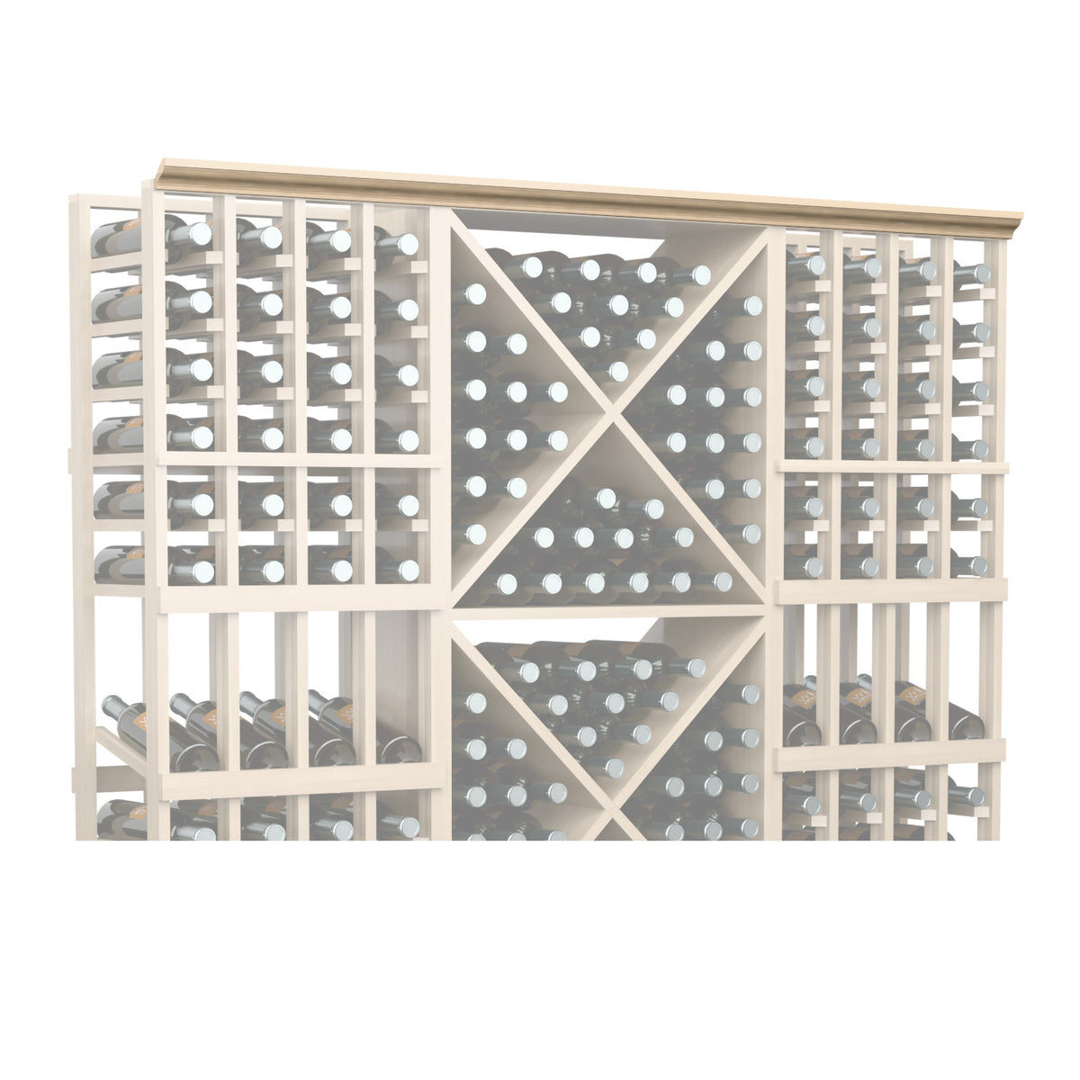 Light wood wine bottle rack with grid dividers and straight top trim, 72 in