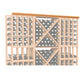 Warm wood wine bottle display with grid dividers and straight top trim, 72 in