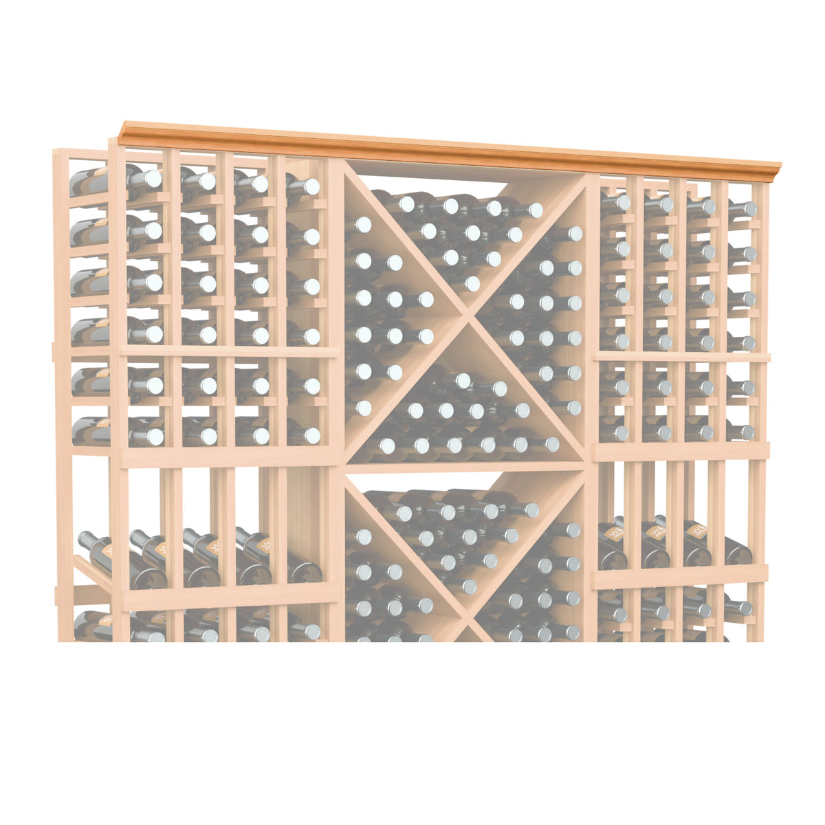 Warm wood wine bottle display with grid dividers and straight top trim, 72 in