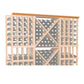 Light wood wine bottle rack with grid dividers and straight top trim, 72 in