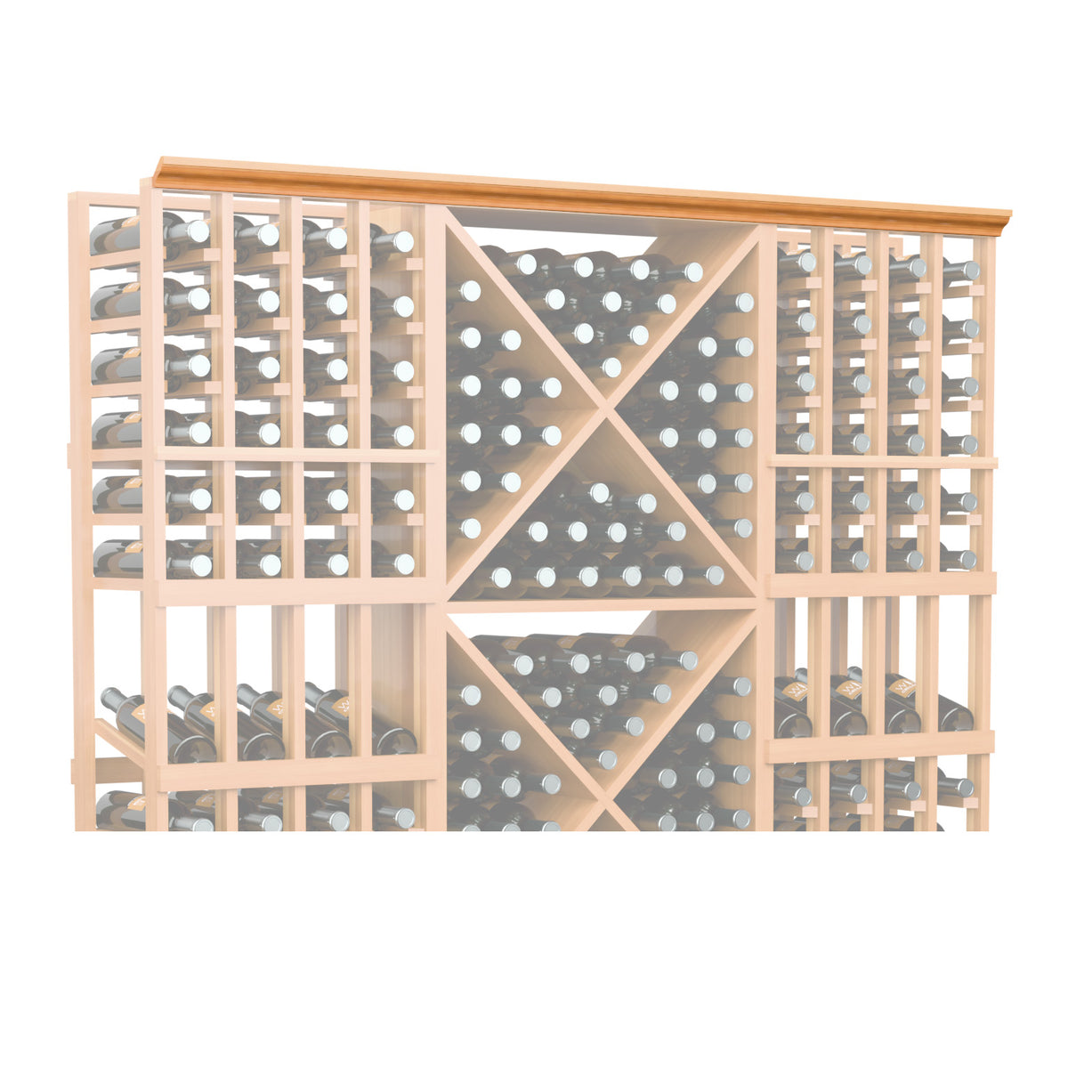 Light wood wine bottle rack with grid dividers and straight top trim, 72 in