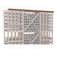 Natural wood wine bottle display rack with grid dividers and straight top trim, 72 in